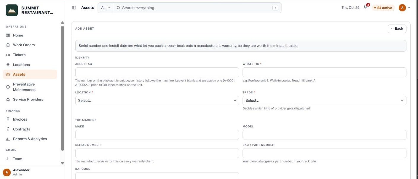 The Add asset form with tag, equipment, location, trade and warranty fields