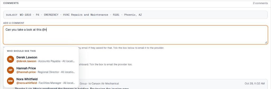 The @mention picker in a Pebble comment listing people who cover the location