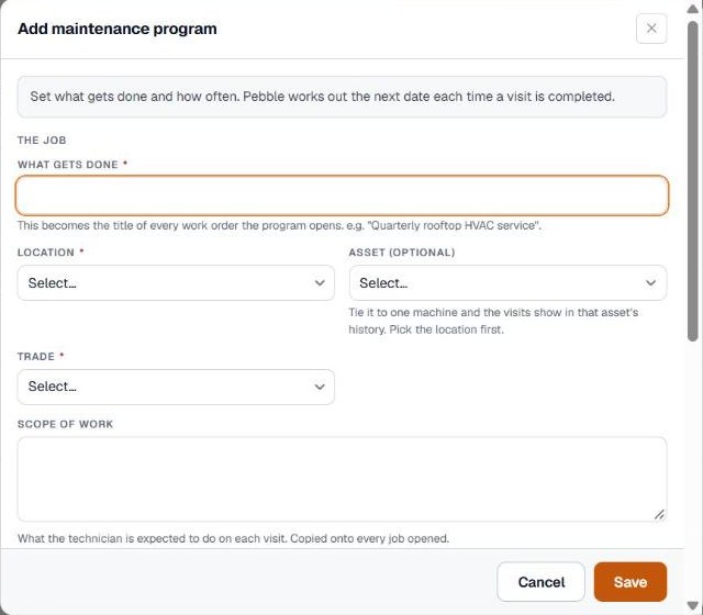 The maintenance program form with the job, when and money sections