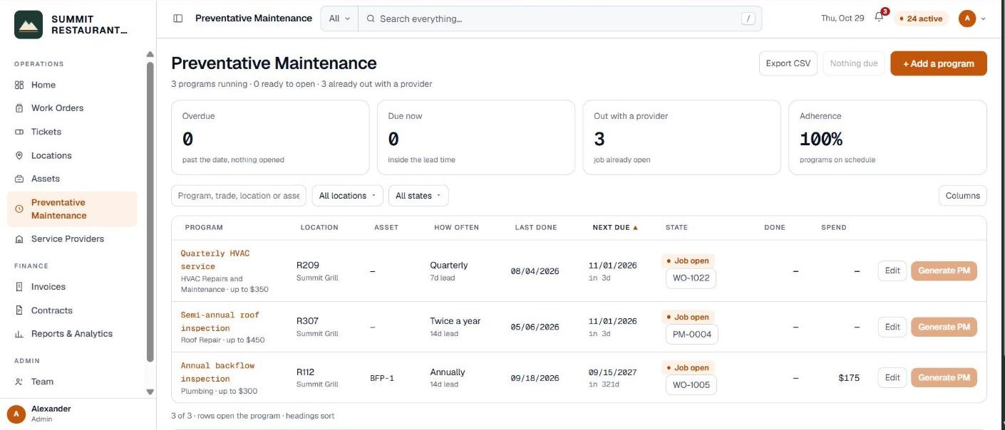 Pebble Preventative Maintenance page with the program list and status tiles