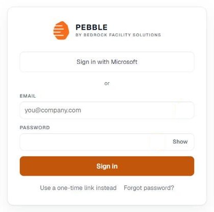 The Pebble sign-in page with Sign in with Microsoft, email and password