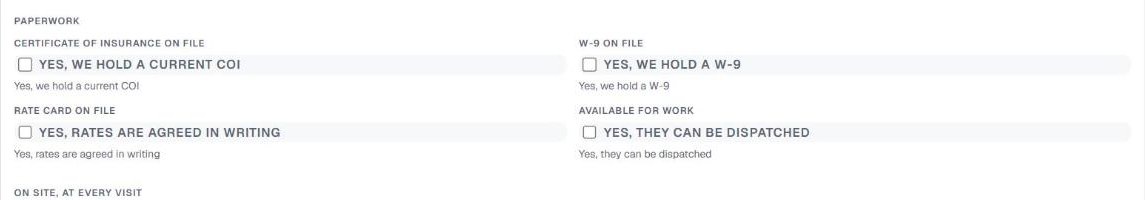 The paperwork and on-site sections of the provider form