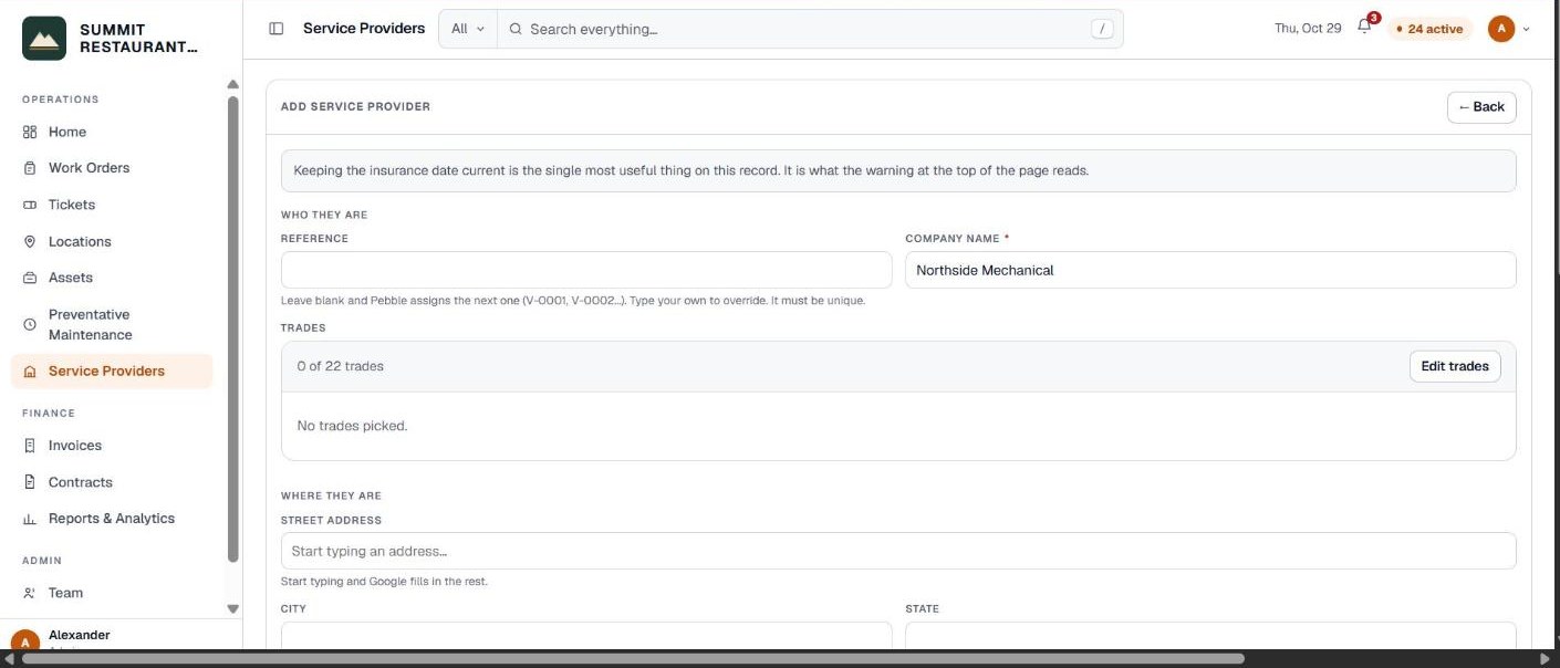 The top of the new provider form with company name, reference and trades