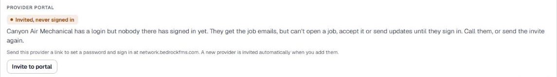The Provider Portal box on a provider record, showing Invited, never signed in and the Invite to portal button