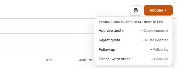 The Actions menu on a Pebble work order showing the next steps
