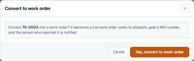The Convert to work order confirmation in Pebble