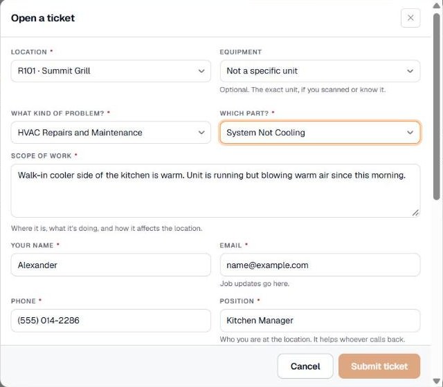 The Open a ticket form in Pebble