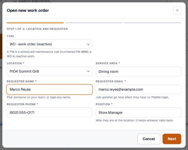 Step 1 of the new work order form filled in