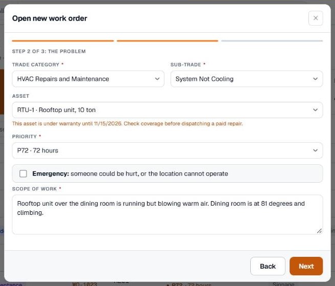Step 2 of the form with trade, asset, priority and scope filled in