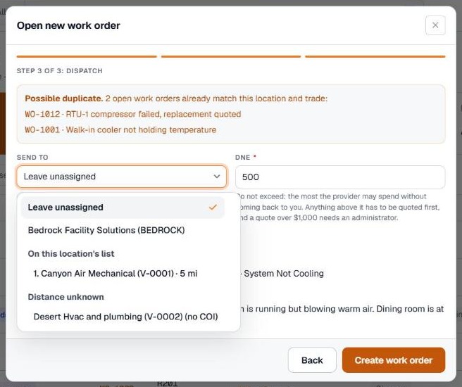 Send to list showing a possible duplicate warning and providers grouped by coverage