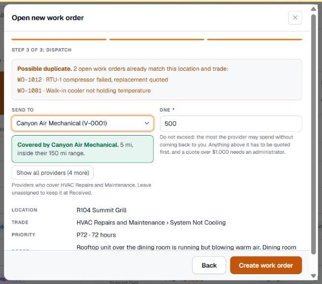 Step 3 with a provider picked, the DNE and a summary of the job