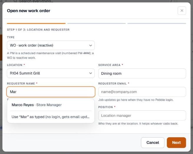 Requester name box suggesting a team member as you type